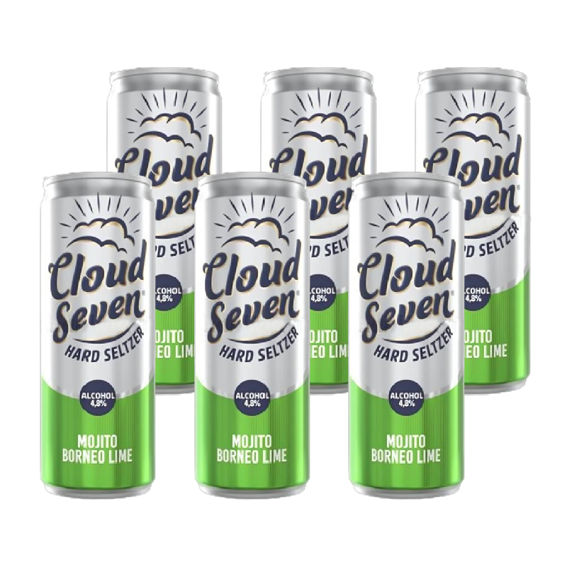 Six cans of Cloud Seven Hard Seltzer Mojito Borneo Lime on a white background