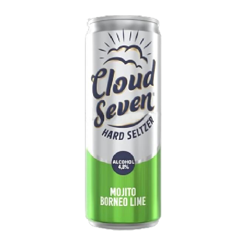 Cloud Seven hard seltzer can with green and white design on a white background