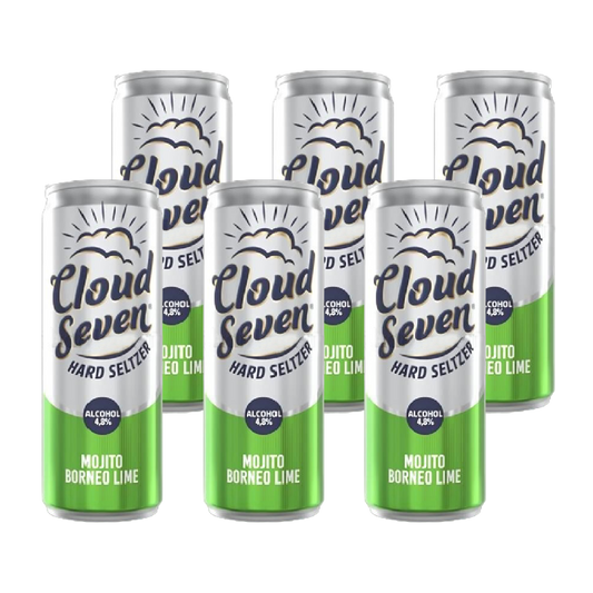 Six cans of Cloud Seven Hard Seltzer Mojito Borneo Lime on a white background