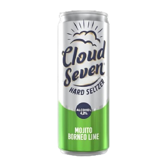 Cloud Seven hard seltzer can with green and white design on a white background